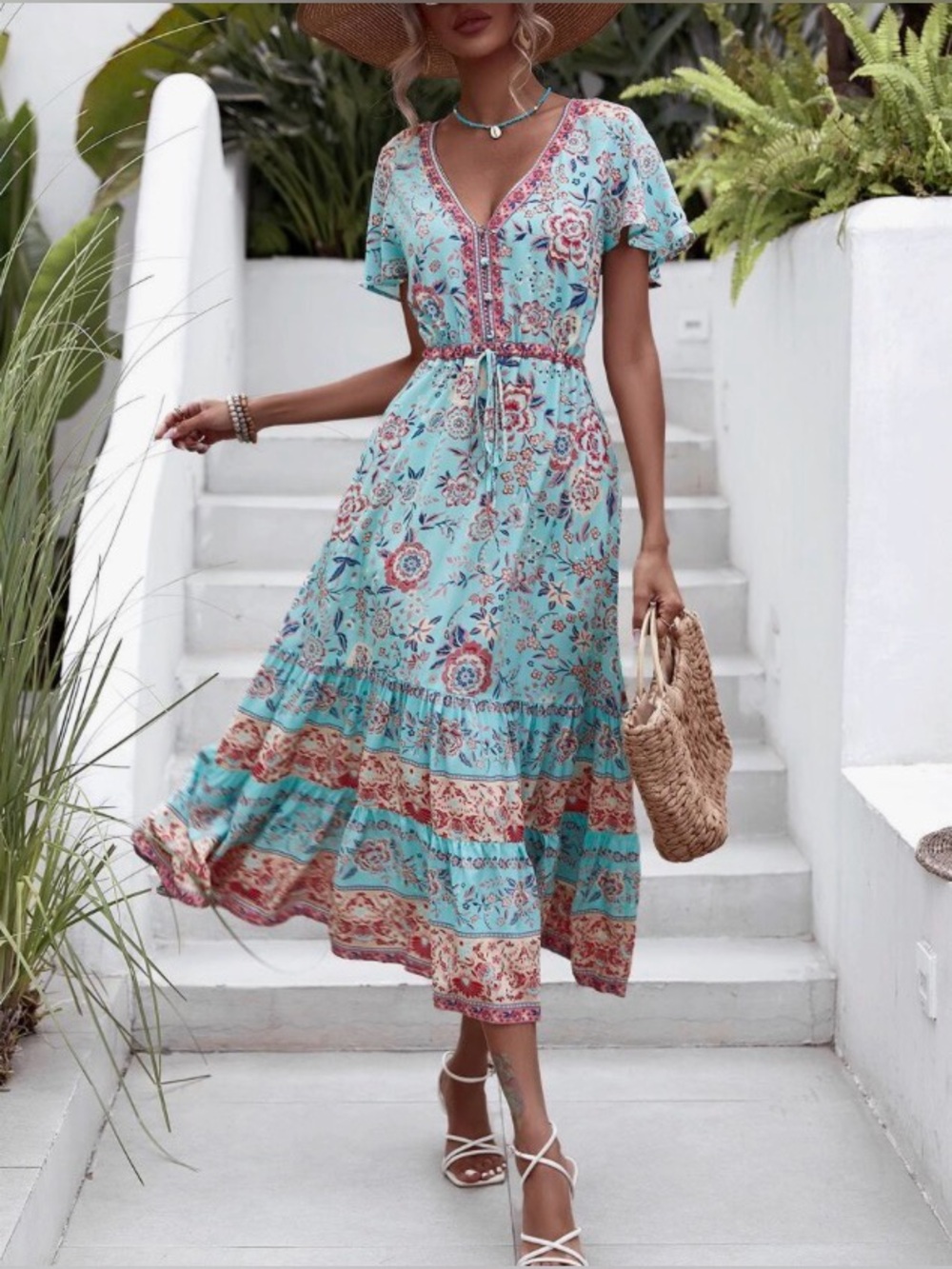 Boho Floral Tiered Midi Dress - Aqua